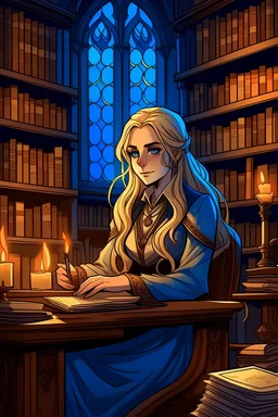 female, royal scribe sitting in library, candlelit, noble face, blue eyes, full beard, long blonde hair, digital comic style