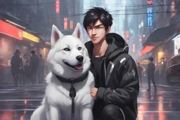cute Asian guy, dark short hair, wearing headphones, modern Chinese city, black and white husky dog on a thick leash, beautiful hands, big eyes, happy smile, black sports stylish suit, white sneakers, Wednesday Adam in 8k anime cgi drawing style, Adam family them, neon effect, close picture, rain, highly detailed, high details, detailed portrait, masterpiece,ultra detailed, ultra quality