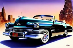 a true-to-life 1949 cadillac series 62 convertible, centered, intricate, extreme detailed, photorealism, center view, city background, pivot on cadillac, pen and color marker painting by cheryl kelley