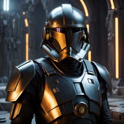 star wars bald male corellian pilot wearing pearlescent black and gunmetal grey First Order special forces heavy assault armor and helmet with gold trim inside the jedi temple, centered portrait, hyperdetailed, dynamic lighting, hyperdetailed background, 8k resolution, volumetric lighting, light skin, fully symmetric details