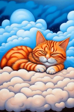 portrait of a orange cat with stripes in heaven sleeping on a cloud