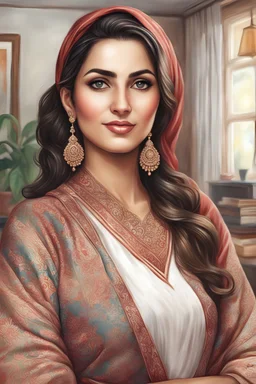 draw a realistic and decent pakistani housewife who is earning from home as a digital marketier.