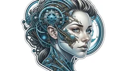 a sticker with a drawing of a woman's face, cyberpunk art, inspired by Marco Mazzoni, Artstation, fantasy art, fractal veins. cyborg, in the style dan mumford artwork, girl with plaits, beautiful detailed body and face