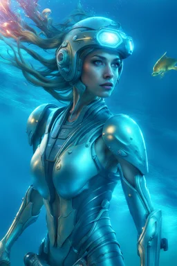 a female cyborg, cyberpunk, underwater, riding a mechanical dolphin, she is a warrior of the sea with a silver trident in hand, her eyes glow with data scrolling in them, beautiful sea life swims around her as she scans for danger, vivid colors, unseen light shimmers, imaginative overlays, artistic fusion, masterpiece, high quality, 8k, photorealistic detail,