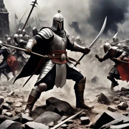 [high res photography by Ray Harryhausen] a templar in the middle of a terrible battle against chaos