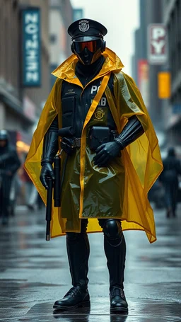 retro futurist, nypd full body color 1920 black policeman with external exoskeleton wtih heavy yellow rain transparent coat