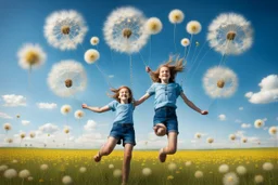 captivating and whimsical photograph of a girl swinging between two detached dandelion puffs, suspended in the sky. The vast field of dandelions stretches beneath a clear blue sky, creating a surreal and enchanting atmosphere. The dreamy background features a serene landscape with more dandelions and a distant horizon, further enhancing the otherworldly ambiance. The girl, wearing a blue shirt and jeans shorts, gracefully maneuvers the swing with her legs extended and arms tightly gripping the s