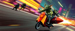 hi speed rocket ship on leaning scooter in a swing, coated rat gremlin captain in high speed pursuit among neon spy vs spy rat cyber soldiers, with background motion blur, airbrush and pen outline, in the style of Fallout 4