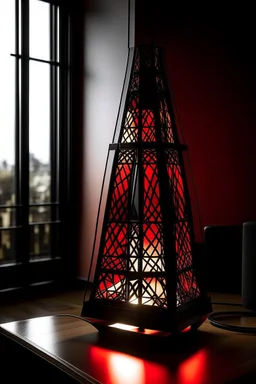 gaming table lamp inspired by burj khalifa tower buliding architecture futuristic-modern stlye. geometric form, red and black color scheme