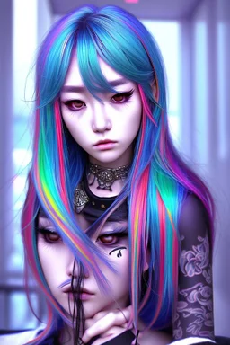 asian cool stylish, HoYeon Jung lookalike, with piercings,rainbow hair, androgynous look, epic colour treatment, cinematic colour treatment, meticulously intricate perfectly symmetrical extremely detailed, pixiv daily ranking, pixiv, extreme depth of field, artstation, spectacular details, volumetric lighting, masterpiece, cinematic, Hollywood production, 8k resolution, high definition, max octane render, vivid colors, max resolution, max perfectionism, realistic composition, professional pho