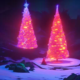 Christmas tree inside a volcano with donuts on the tree, hyper realistic, photography, rays, amazing lighting