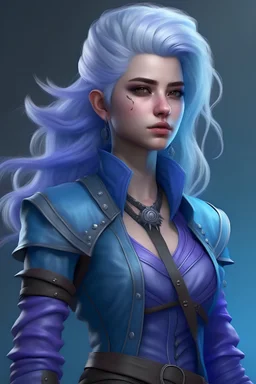 Female air genasi from dungeons and dragons, southeast Asian, wind like hair, librarian vibes, wearing hot leather clothing that also looks studded, light blue coloring, purple coloring, realistic, digital art, high resolution