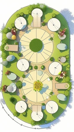 Create a floorplan for a garden of 8 wide and 6 deep. There must be a patch of grass of 2 by 4 meter and a space for a outdoor kitchen. There must be a round picknick table and two sunbeds.