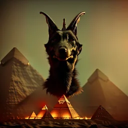 A portrait post-apocalypse of Jackal Egyptian God Anubis ,in a sin city pyramid, sci-fi fantasy style, volumetric lighting, particales,highly detailed,cinamatic,8k,3D,fire and black deep colours,ignore NSFW.