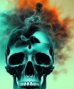 broken realistic skull. black background. smoke and explode. particles in air. teal and orange. abstract. beksinski.