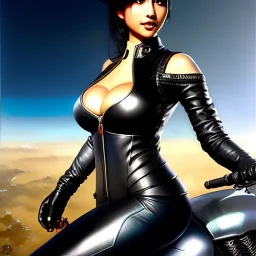 fullbody portrait 'beautiful face sexy Busty Female Biker riding a Superbike',hyperrealistic skin,Hyperrealistic crystal clear eyes,wearing skintight leather ,painting by gaston bussiere, greg rutkowski, yoji shinkawa, yoshitaka amano, tsutomu nihei, donato giancola, tim hildebrandt,Evan Lee,Akira-Raikou, oil on canvas, cinematic composition,sharp image, extreme detail,((fit full head inside picture)),32k