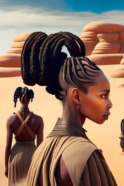 Lady looking at front with braids buns in desert behind her two guards