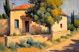 sunny day, mountains, trees, dirt road, countryside, nostalgy influence, adobe house, wilfrid de glehn and paul cezanne impressionism paintings