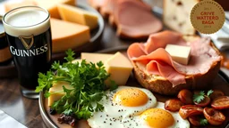 A glass of Guinness stout, a platter of cheeses, a chunk of freshly baked bread with butter and sliced ham, watercress, fried bacon and eggs. Award-winning colour photograph.