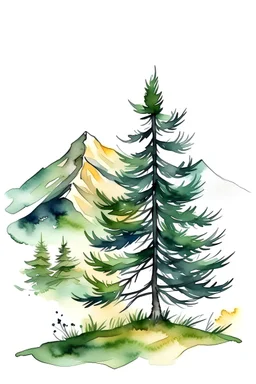 watercolor pine tree and mountain