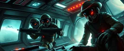 cowboy astronauts in a spaceship cyberpunk warhammer madness, alien hiding in the shadows