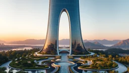 A futuristic skyscraper designed with sweeping hyperbolic curves, where the entire façade is made of reflective glass. The building rises gracefully toward the sky, with its symmetrical hyperbolic arc creating a sense of balance and elegance. Surrounding the structure are lush gardens and flowing water features that mirror the curves of the building. There are mountains in the distance. Beautiful lighting at sunrise. Award-winning photograph.