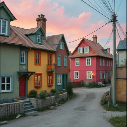 Fotografia di strada random assurda e falsa orripilante weirdcore dai colori vivaci. Non luogo falso, inusuale. Max Ernst. Le case sono false e dipinte di chiaro con cose stilizzate e dettagli. Ci sono strane. , che danno un senso distopico e molto surreale, disposte in modo casuale. L'atmosfera generale sembra noiosa e onirica, con un contrasto tra elementi reali ed elementi dipinti falsi, René Magritte