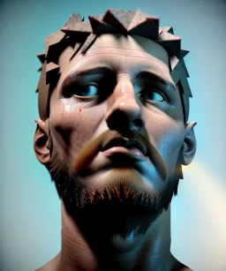 Gran angular, Realistic image, roman sculpture, marble material, Lionel Messi with Laurel wreath model, miguel angel style, God light, god rays, 4k resolution, perfect details, ornate details, soft lighting, unreal engine 5, soft cyan background.