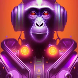 A beautiful portrait of a cyborg monkey purple neon color scheme, high key lighting, volumetric light high details psychedelic background