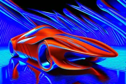 award winning car and driver photograph of a futuristic station wagon designed by only one vehicle per image painted metallic orange traveling at a high rate of speed, jet intake off of front center of vehicle and jet exhaust out the rear with bright blue flame, bilaterally symetrical, more a high speed road vehicle