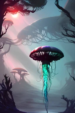 Alien forest with an umbrella made from a jellyfish, photorealistic, Detailed Matte Painting, Deep Colour, Fantastical, Intricate Detail, sunshine, blue sky