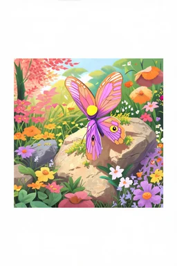 a striking, purple butterfly on a rock in a colorful garden background , child book illustration style, faces must be the same as reference image