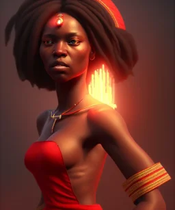 Negra Francisca, beautiful, curvy body, African slave, simple red fabric dress, long black hair, red headband, head and shoulders portrait, 8k resolution concept art portrait by Greg Rutkowski, Unreal Engine 5 volumetric lighting