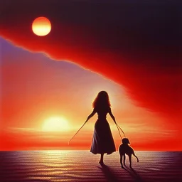 A painting of a woman and a dog walking on a beach at sunset with the red sun in the background, inspired by Chris Moore, inspired by Henry Macbeth-Rayburn, bloody sunset, looking out into the Red Ocean, acrylic and oil painting, with sunset, watching the sunset, 'a lonely dark figure'' !!, inspired by Dave Kendall, epic red - orange moonlight, acrylic painting on oiled canvas