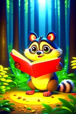 frightened, in the forest, a cute little raccoon who stole a magic book, 2 characters, anime, cartoon, light effect, cute, quirky cute, lighting is smooth, in 3d animation