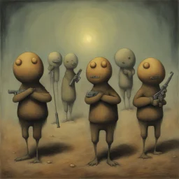 Style by Pawel Kuczynski and Squeak Carnwath and Zdzislaw Beksinski, dramatic '70s nightmare ultra sinister underground cartoon, shy anthropomorphic weirdling peanut men carrying guns,