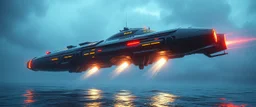 steam cybertruck katamaran boat spaceship hovering over water