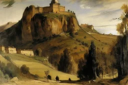A brown palace on a mountain painted by Edgar Degas