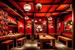 A dark orangish red Chinese fiery panda restaurant designed in Javanese shadow puppets