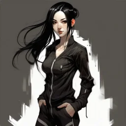 pretty girl, aged 15, black hair, black jumpsuit, dystopia, athletic