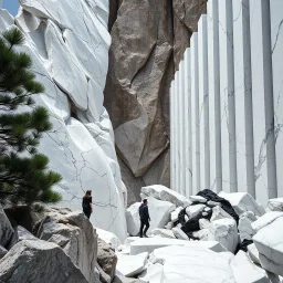 Stupenda immagine di un paesaggio naturale con marmi imponenti accanto a strutture artificiali verticali. Queste strutture sembrano pareti vertiginose riflettenti, come colonne di vetro, che creano un contrasto tra il naturale e l'artificiale. Gabbia brutalista si erge solitaria. Persona osserva. bianco con venature e solchi. Magma liquido nero. La scena trasmette un senso di sospensione e dialogo tra elementi organici. Dettagli degli delle rocce molto accentuati. Pini marittimi