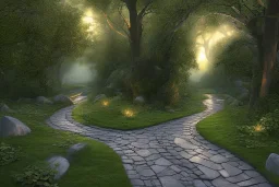  winding stone path lit river