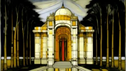 A temple with ivory colored lightning painted by Piet Mondrian