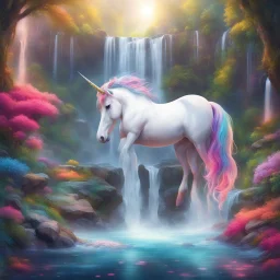 An open hand where a waterfall falls, a unicorn drinks from the water, everything in bright, bright colors. Refined in a fairytale way, inviting you to dream