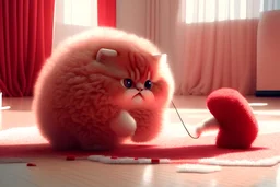 cute fluffy chibi beige cat playing with a giant plush red covid virus in a modern hall on a carpet in sunshine