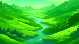 fantasy cartoon illustration: green hills and river of the emerald isle