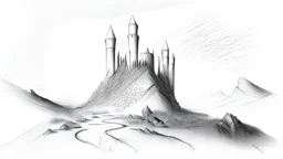 pencil sketch drawing a landscape of a scary Omani castle from the front of a craters on the surface. Abstract front image and white background