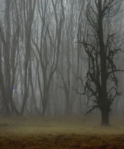 festive Christmas tree in a misty swamp