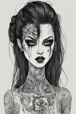 create a disturbing horror full body sketch of a dark haired, savage, gothpunk vampire girl with highly detailed , sharply defined hair and facial features, in the style of Junji Ito, precisely drawn, inked, with dramatic edges,