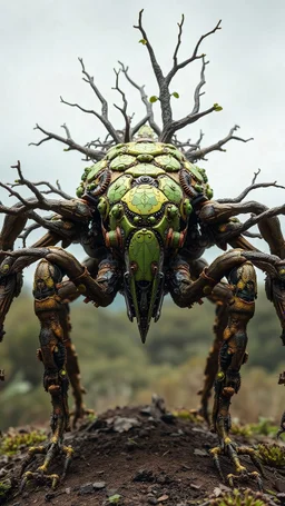 A dynamic front view showcasing the fusion of organic and Neumorphic elements, depicting a fully Branch-backed treehopper mecha-treehopper. Its intricate mechanisms are driven by interlocking branch and complex mechanical gear embedded throughout its massive frame. mist-leaf idle